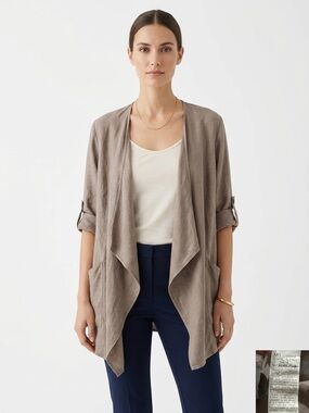 Tempo Paris 100% Linen Open Cardigan Size XL Taupe Draped Layering Jacket Boho